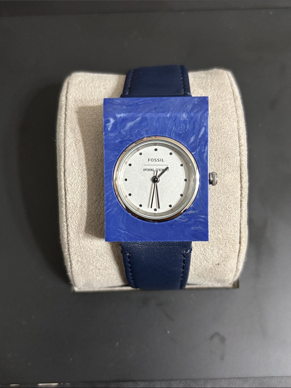 Fossil Blue Marble Rectangle Dial Navy Leather Watch